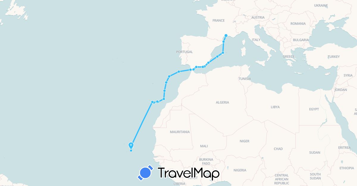 TravelMap itinerary: driving, boat in Cape Verde, Spain, France, Morocco (Africa, Europe)